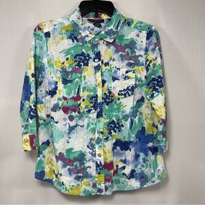 Watercolor Floral Karen Scott Cotton Button Up Top Size LP